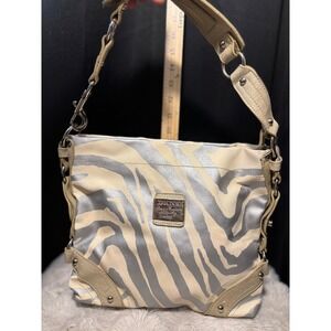 DKNY Metallic Silver Zebra Print Shoulder Bag Studded Hobo Red Lining